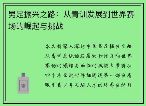 男足振兴之路：从青训发展到世界赛场的崛起与挑战