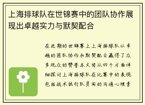 上海排球队在世锦赛中的团队协作展现出卓越实力与默契配合